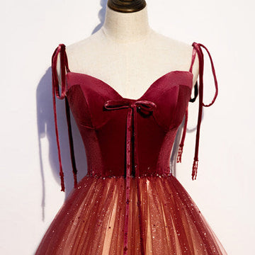 A line Red Sequin Tulle Prom Dresses Sexy Evening Dress HZ1023